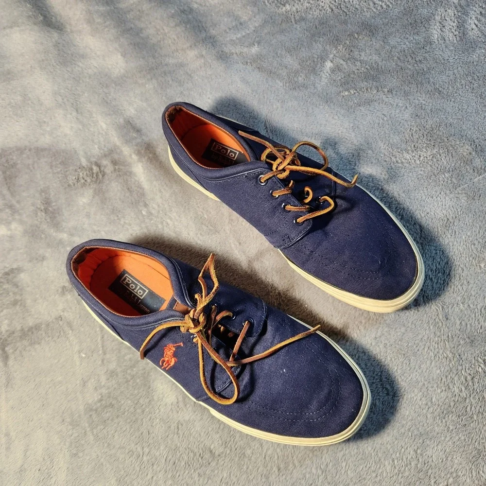 Polo Ralph Lauren Shoes Mens 11 Blue Orange Faxon Low Canvas Sneaker Pony Preppy